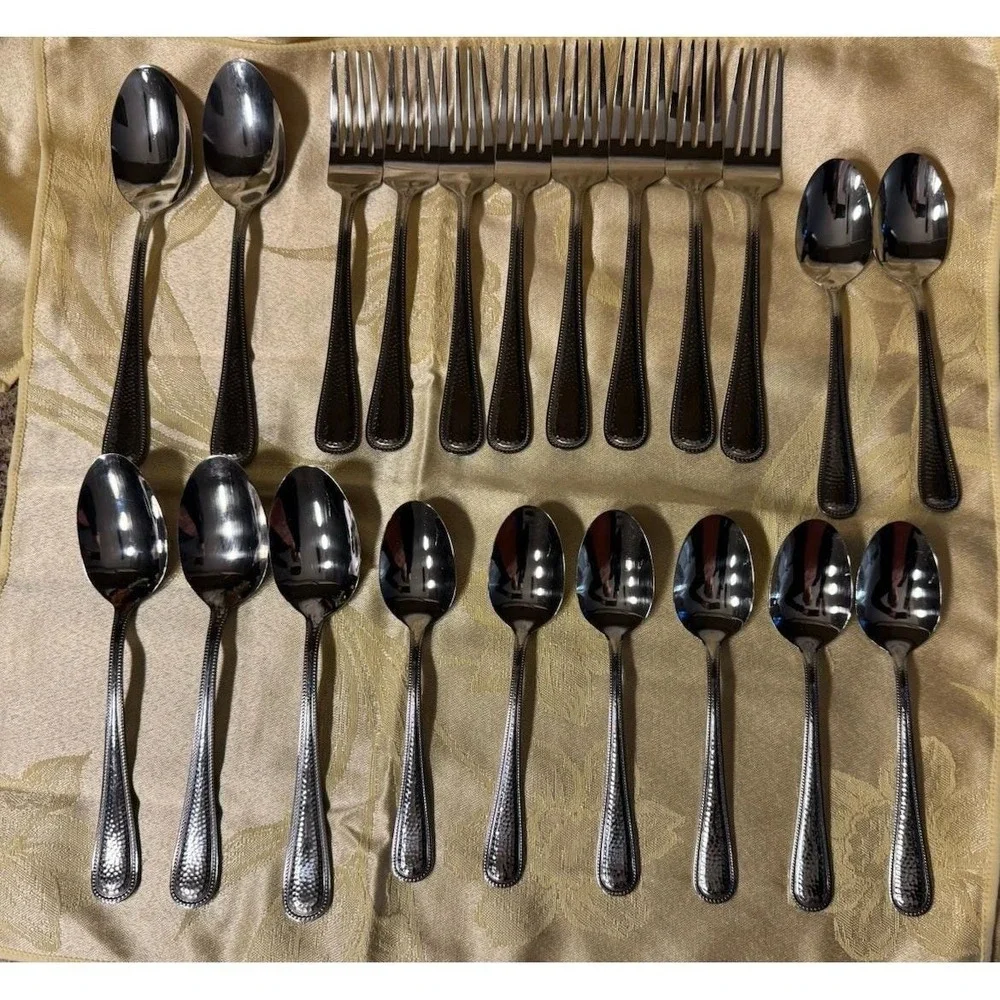Mikasa Clarissa 21 Pc Stainless Flatware Set Hammered Beaded Forks Spoons Nice